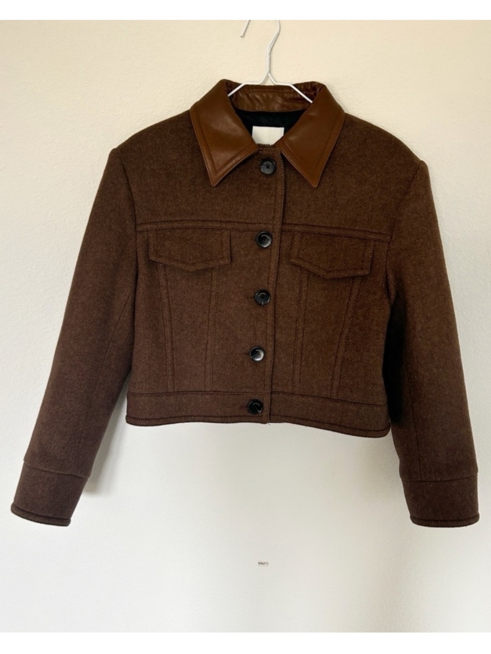 Sandro King Cropped Wool Twill Jacket Leather Collar - Picture 5 of 13
